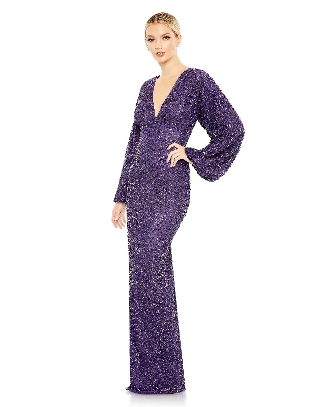 Sequined Puff Sleeve V Neck Gown