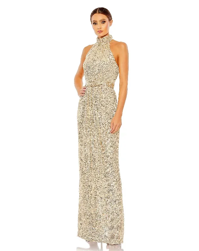 Sequined Halter Neck Belted Soft Tie Gown