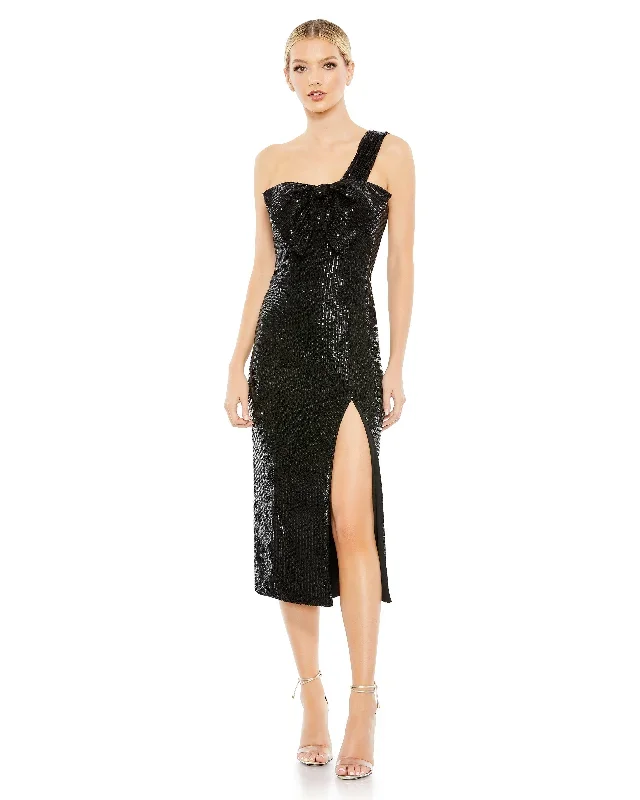 Sequined One Shoulder Front Bow Dress