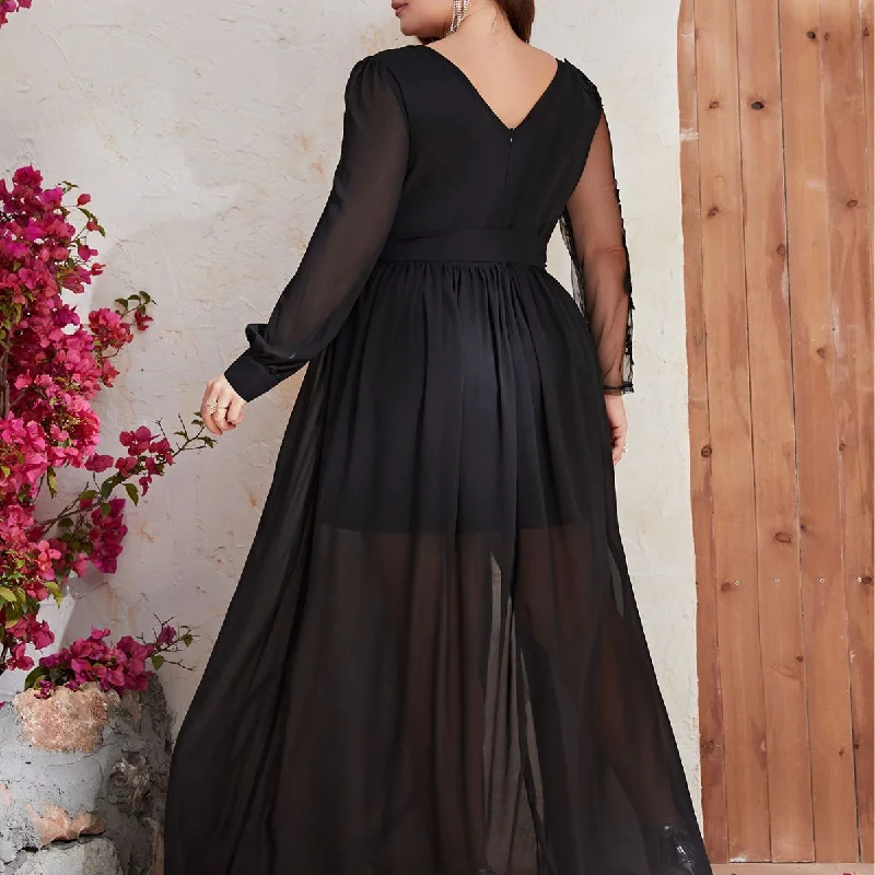 NiDELL Cross-Border Chiffon plus Size Long Dress Mesh round-Neck Long-Sleeved Dress Black Slit Dress-Fps320