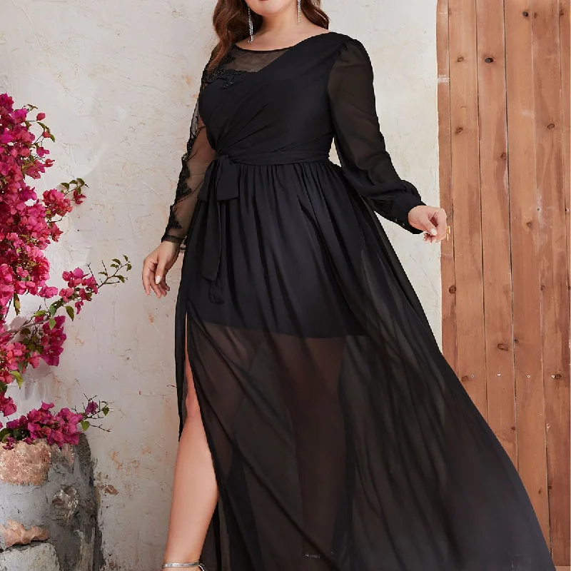 NiDELL Cross-Border Chiffon plus Size Long Dress Mesh round-Neck Long-Sleeved Dress Black Slit Dress-Fps320