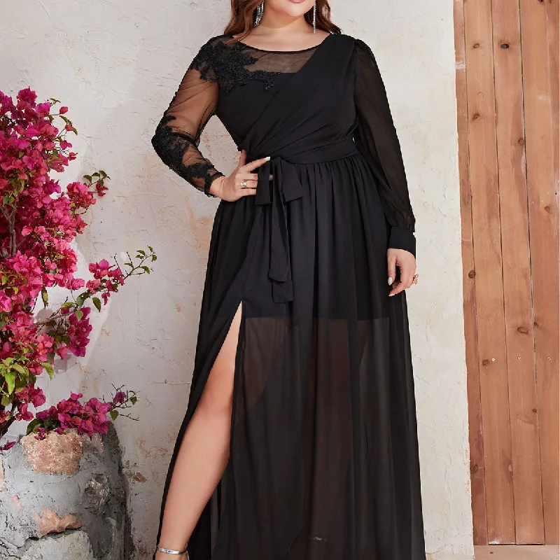 NiDELL Cross-Border Chiffon plus Size Long Dress Mesh round-Neck Long-Sleeved Dress Black Slit Dress-Fps320