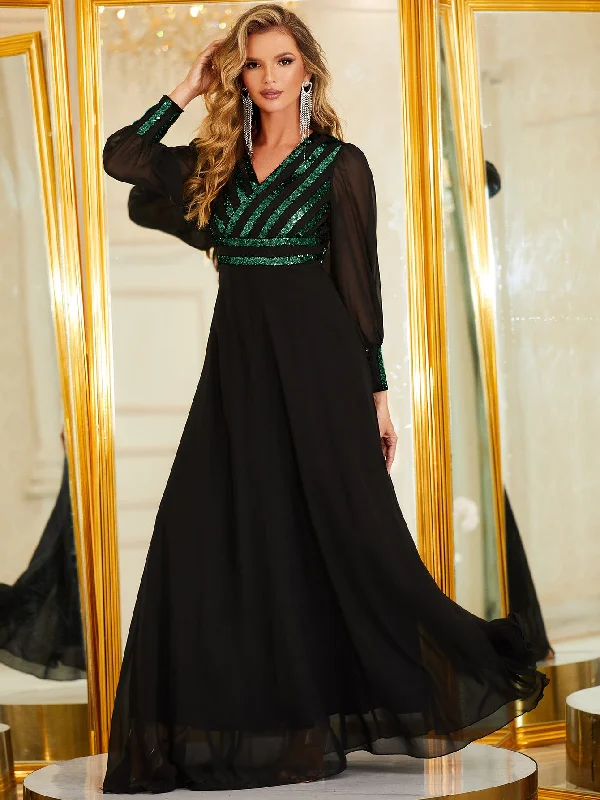 NiDELL Cross-Border Dress Gauze Dress Stitching Long Sleeve Sequin V-neck Daily Style Evening Long Dress Spot-SSW019-1