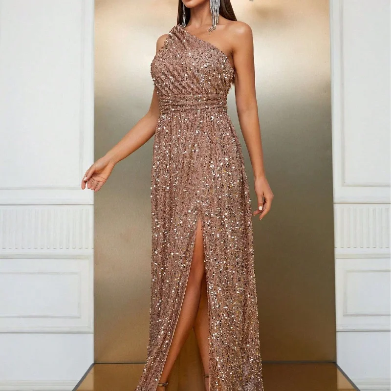 NiDELL Cross-Border Hot Selling Elegant Dress Skirt Sequined Oblique Shoulder Party Dress Skirt High-End Slit Evening Dress-Ssw4032