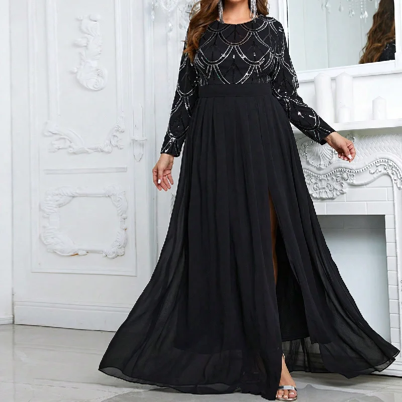 NiDELL Cross-Border plus Size Dress Long Sleeve round Neck Middle East Dress Foreign Trade Long Large Hem Dress Skirt-Fmg734