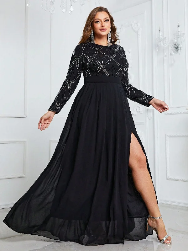 NiDELL Cross-Border plus Size Dress Long Sleeve round Neck Middle East Dress Foreign Trade Long Large Hem Dress Skirt-Fmg734