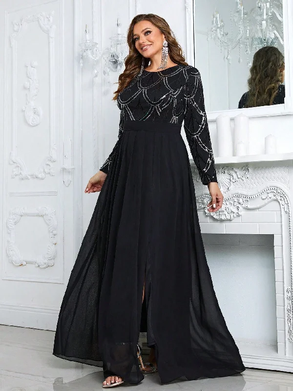 NiDELL Cross-Border plus Size Dress Long Sleeve round Neck Middle East Dress Foreign Trade Long Large Hem Dress Skirt-Fmg734