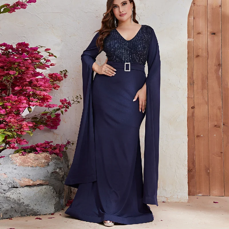 NiDELL Cross-Border plus Size Dress Sequined Evening Dress Split Long Sleeve V-neck Long Dress-Fps251