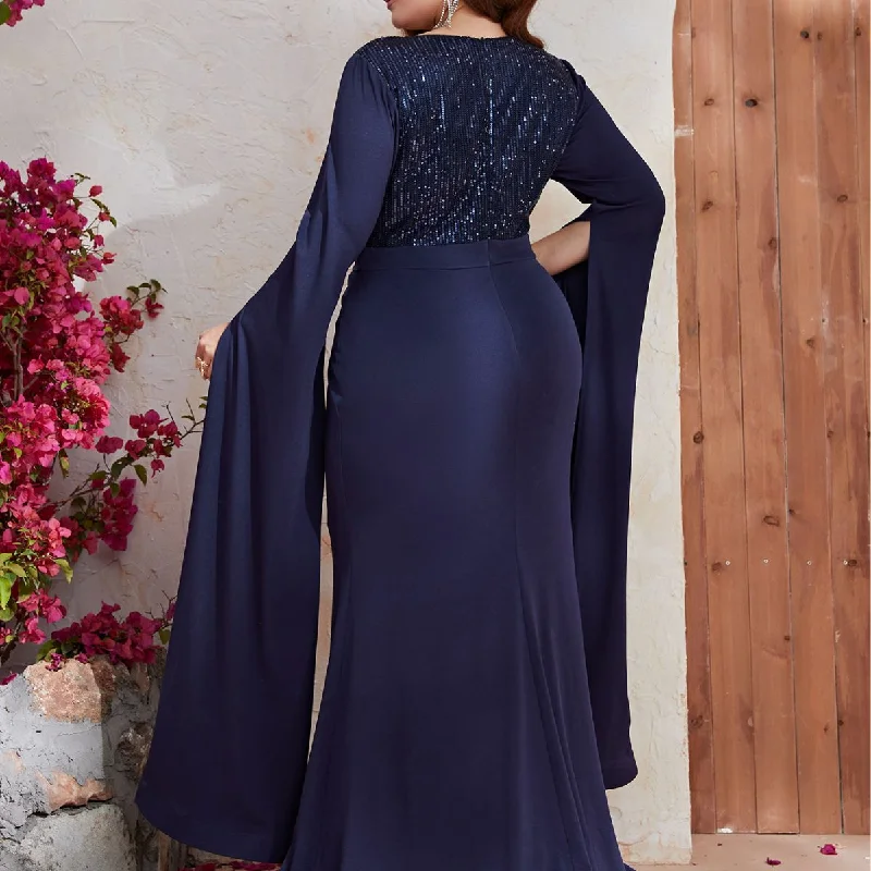 NiDELL Cross-Border plus Size Dress Sequined Evening Dress Split Long Sleeve V-neck Long Dress-Fps251