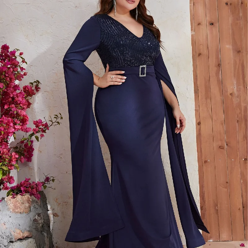 NiDELL Cross-Border plus Size Dress Sequined Evening Dress Split Long Sleeve V-neck Long Dress-Fps251