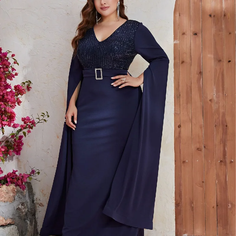 NiDELL Cross-Border plus Size Dress Sequined Evening Dress Split Long Sleeve V-neck Long Dress-Fps251