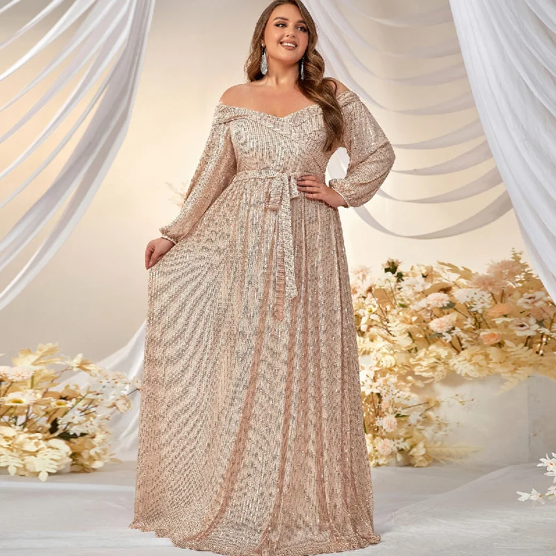 NiDELL Cross-Border plus Size Dress Sequined off-Shoulder Long Sleeve Prom Evening Dress Waist Fishtail Dress-Fmgw511