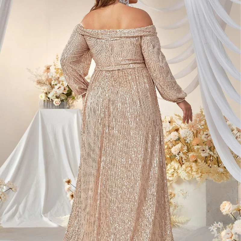 NiDELL Cross-Border plus Size Dress Sequined off-Shoulder Long Sleeve Prom Evening Dress Waist Fishtail Dress-Fmgw511