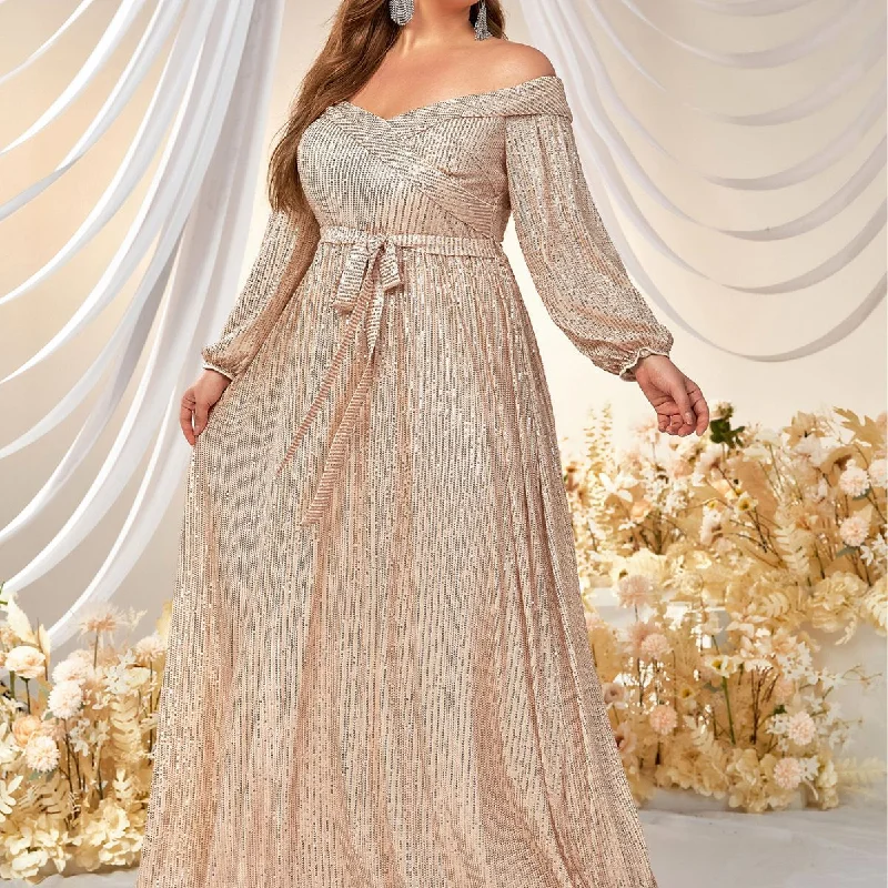 NiDELL Cross-Border plus Size Dress Sequined off-Shoulder Long Sleeve Prom Evening Dress Waist Fishtail Dress-Fmgw511