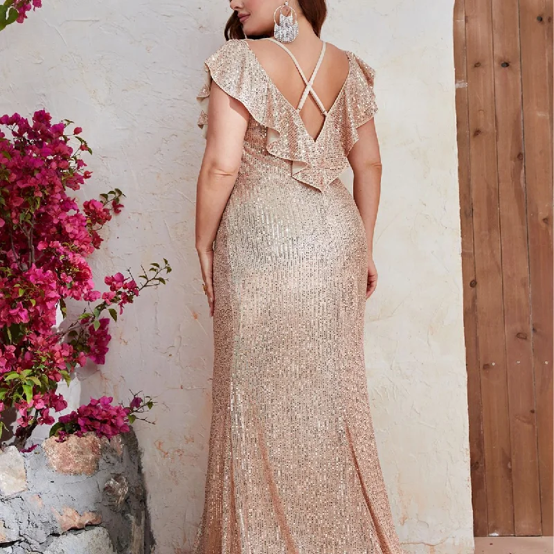 NiDELL Cross-Border plus Size Dress Sequined V-neck Evening Dress Slit Fishtail Dress Elegant Dinner Dress Skirt-Fps315