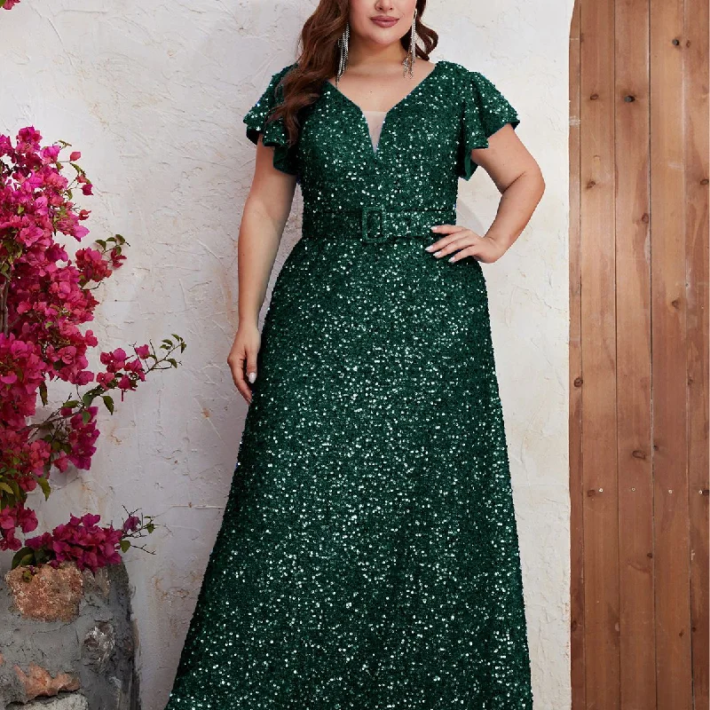 NiDELL Cross-Border plus Size Evening Dress European and American Sequined Short-Sleeved Senior Evening Dress Fishtail Dress-FMG546-1