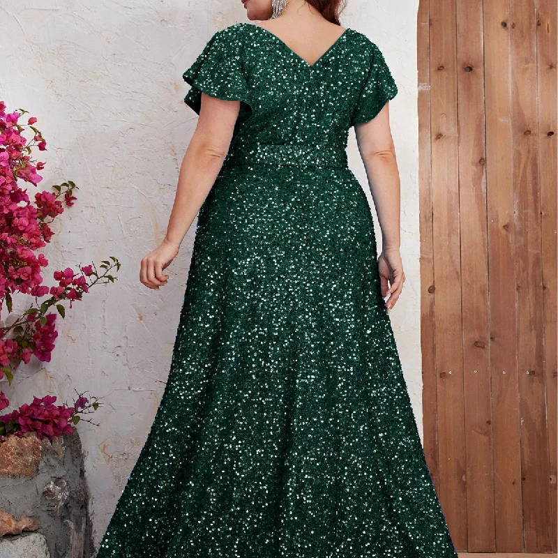 NiDELL Cross-Border plus Size Evening Dress European and American Sequined Short-Sleeved Senior Evening Dress Fishtail Dress-FMG546-1