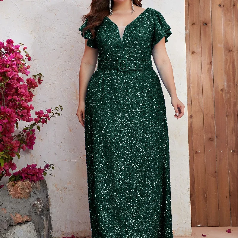 NiDELL Cross-Border plus Size Evening Dress European and American Sequined Short-Sleeved Senior Evening Dress Fishtail Dress-FMG546-1