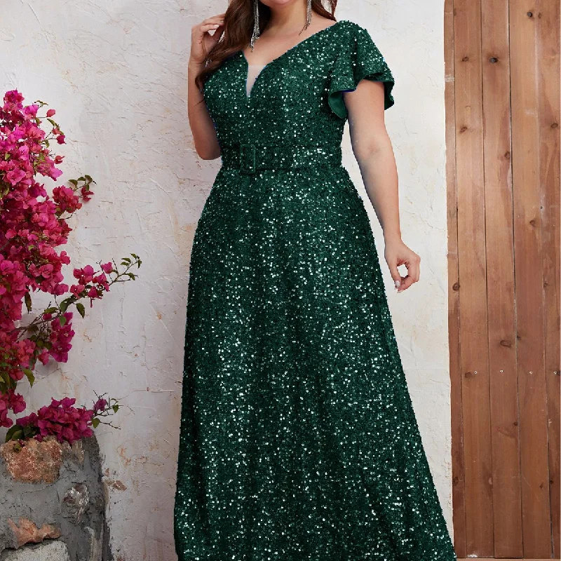 NiDELL Cross-Border plus Size Evening Dress European and American Sequined Short-Sleeved Senior Evening Dress Fishtail Dress-FMG546-1