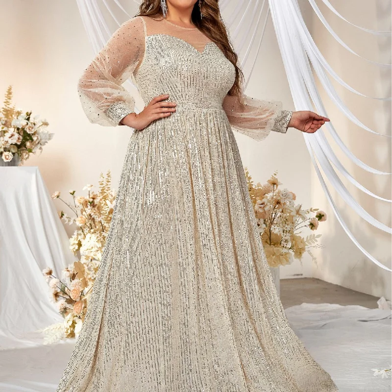 NiDELL Cross-Border plus Size Sequined Dress New Sequined round Neck Elegant Prom Evening Dress and Floor Dress-Fssn063