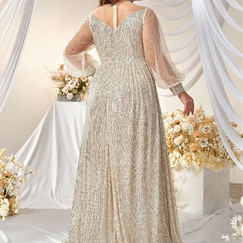 NiDELL Cross-Border plus Size Sequined Dress New Sequined round Neck Elegant Prom Evening Dress and Floor Dress-Fssn063