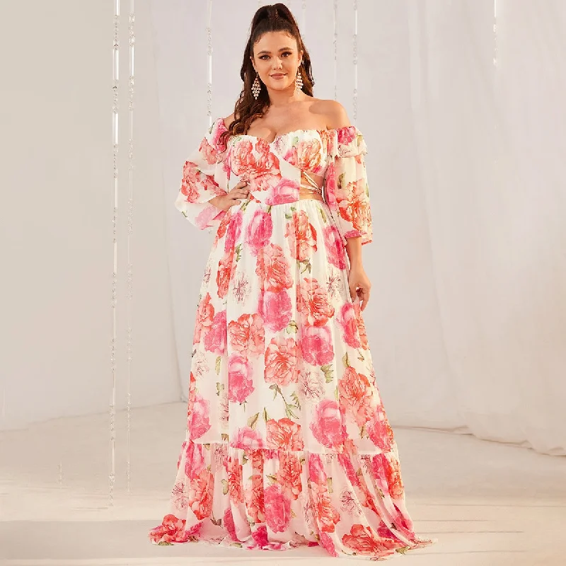 NiDELL Cross-Border plus Size Spot Dress Summer Sweet Mid-Sleeve Hollow Print Strapless Long Type Dress-Fp233