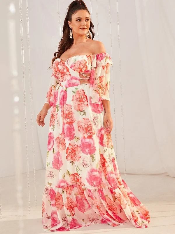 NiDELL Cross-Border plus Size Spot Dress Summer Sweet Mid-Sleeve Hollow Print Strapless Long Type Dress-Fp233