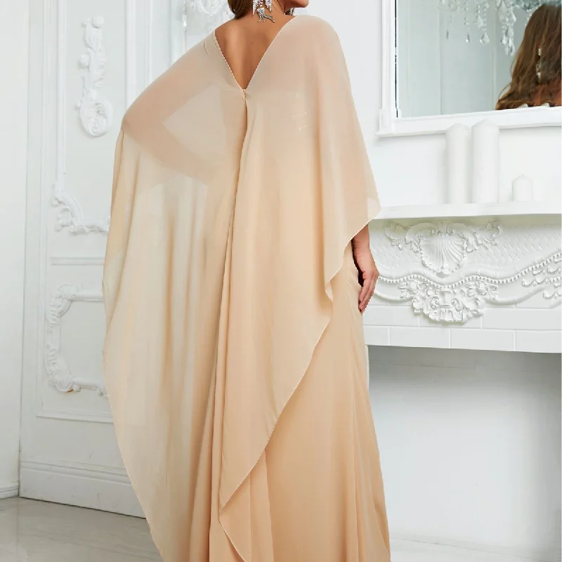 NiDELL European and American Dinner plus Size Dress Sequined Chiffon Shawl Gown Solid Color Long Dress-FSSW3086-3