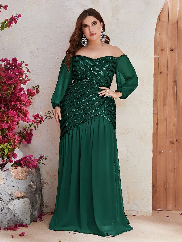 NiDELL European and American plus Size Party Dress Sequined off Shoulder Fishtail Dress Premium Elegant Evening Dress-FMGN517-1