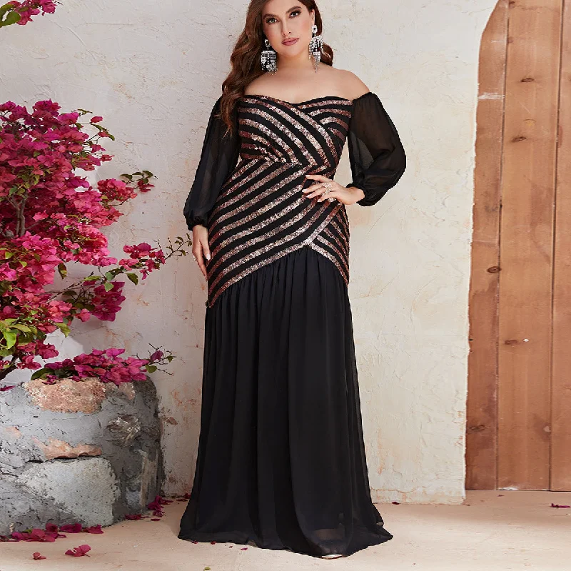 NiDELL European and American plus Size Sequined Dress Sequined off-Shoulder Long Sleeve Evening Gown Sheath Fishtail Dress-Fmgn517