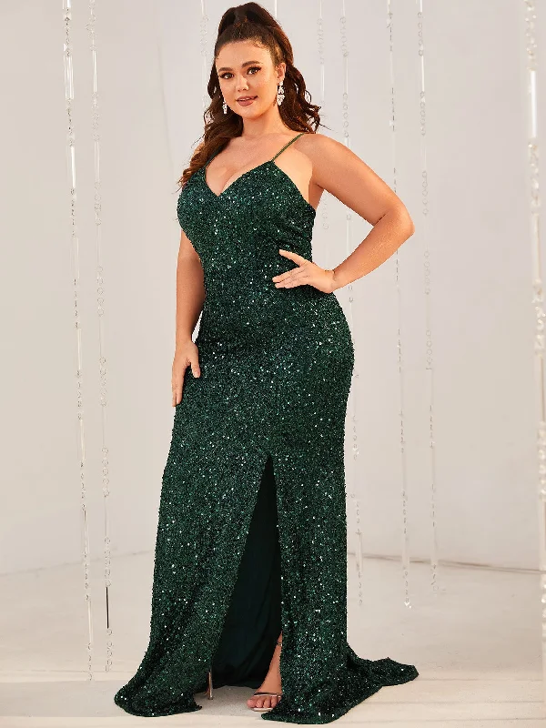 NiDELL Explosion Models plus Size Camisole Gown Elegant Sequined Suspender Split Long Ball Gown Dress-Fsfp143