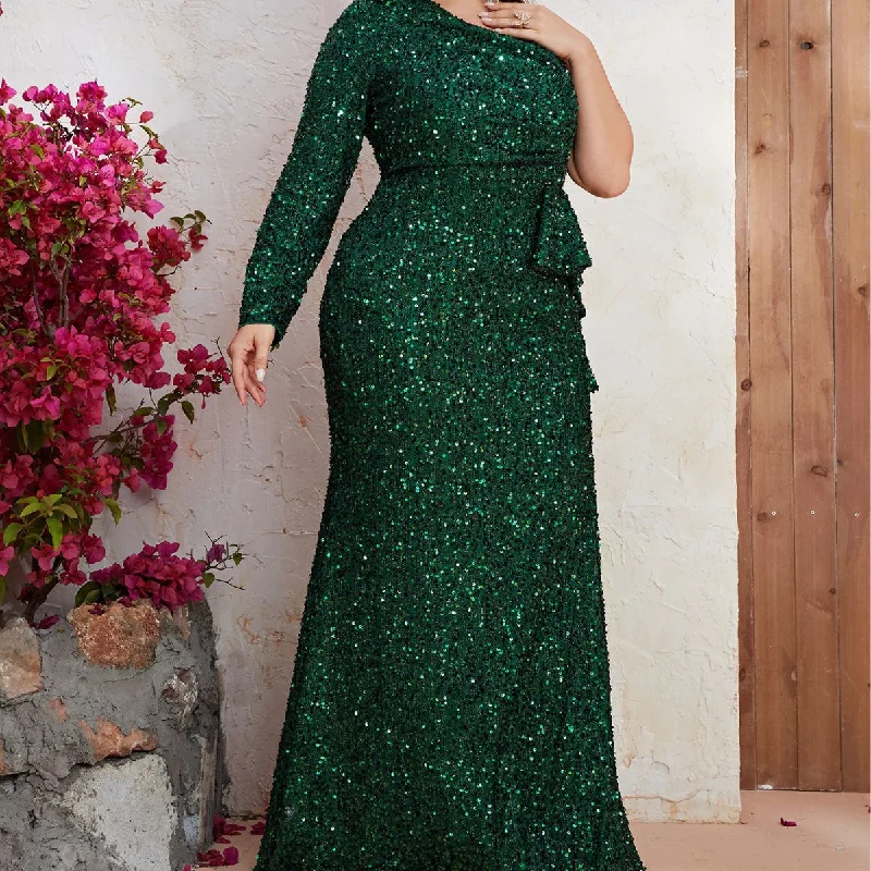 NiDELL Large Cross-Border Dress Sequined One-Shoulder Long Sleeve Prom Evening Long Dress Elegant Fishtail-Fssw3082