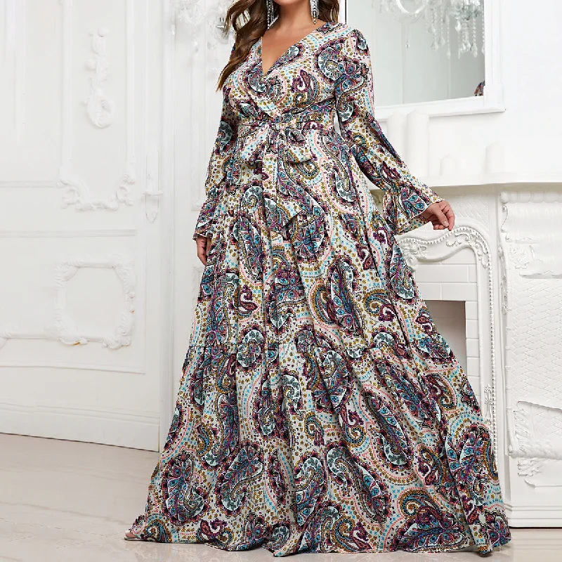 NiDELL Large Cross-Border Long Dress Featured Printed Long-Sleeved Dress Waist-Controlled Lace-up Foreign Trade Elegant Dress-Fmgx706