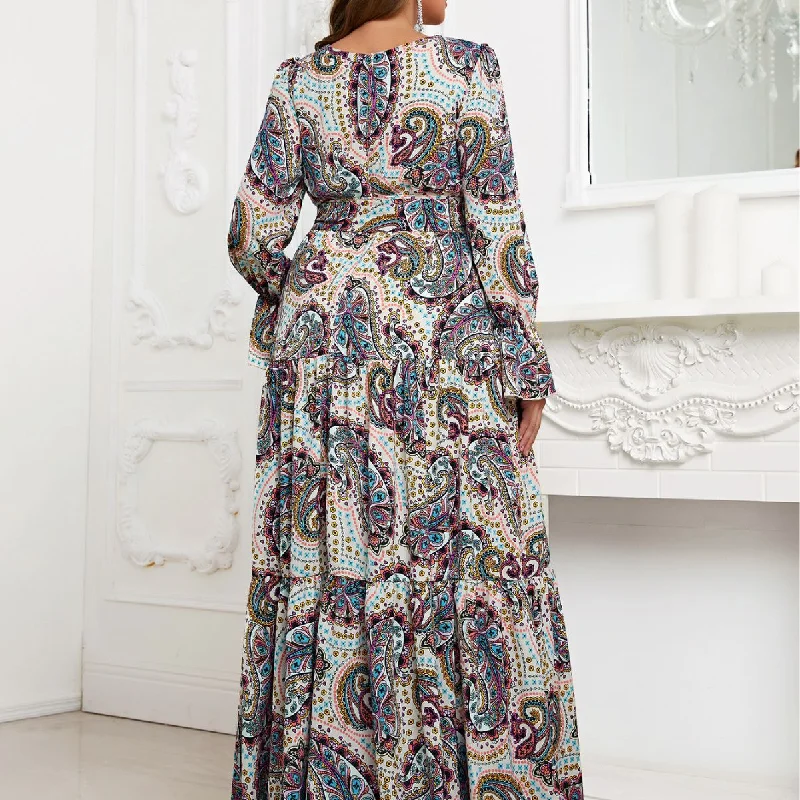 NiDELL Large Cross-Border Long Dress Featured Printed Long-Sleeved Dress Waist-Controlled Lace-up Foreign Trade Elegant Dress-Fmgx706