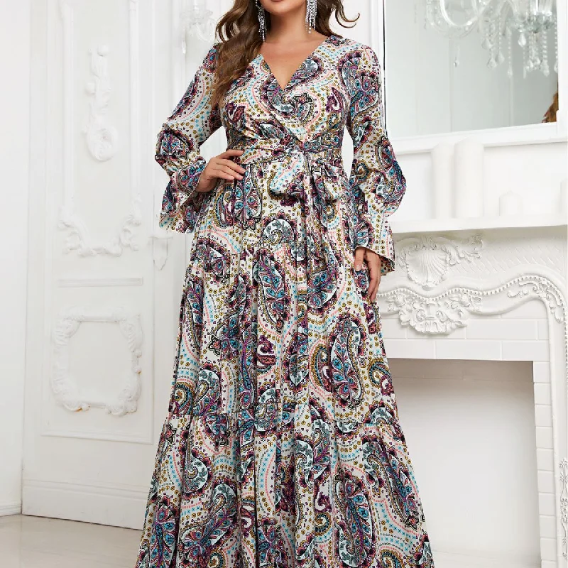 NiDELL Large Cross-Border Long Dress Featured Printed Long-Sleeved Dress Waist-Controlled Lace-up Foreign Trade Elegant Dress-Fmgx706