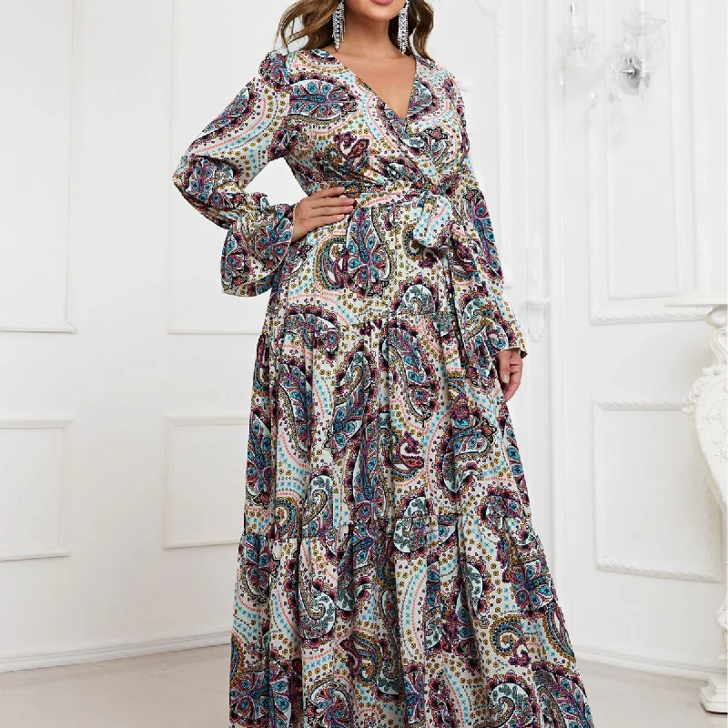 NiDELL Large Cross-Border Long Dress Featured Printed Long-Sleeved Dress Waist-Controlled Lace-up Foreign Trade Elegant Dress-Fmgx706