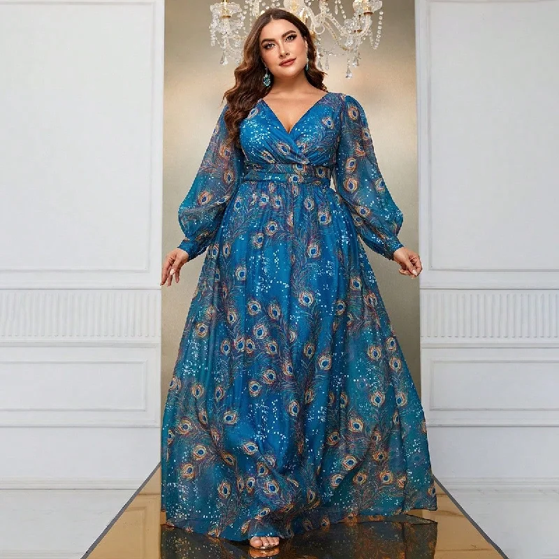 NiDELL Large Cross-Border Printed Long Dress Peacock Feather Printed Long Sleeve Vacation Style Long Dress-Fmg697