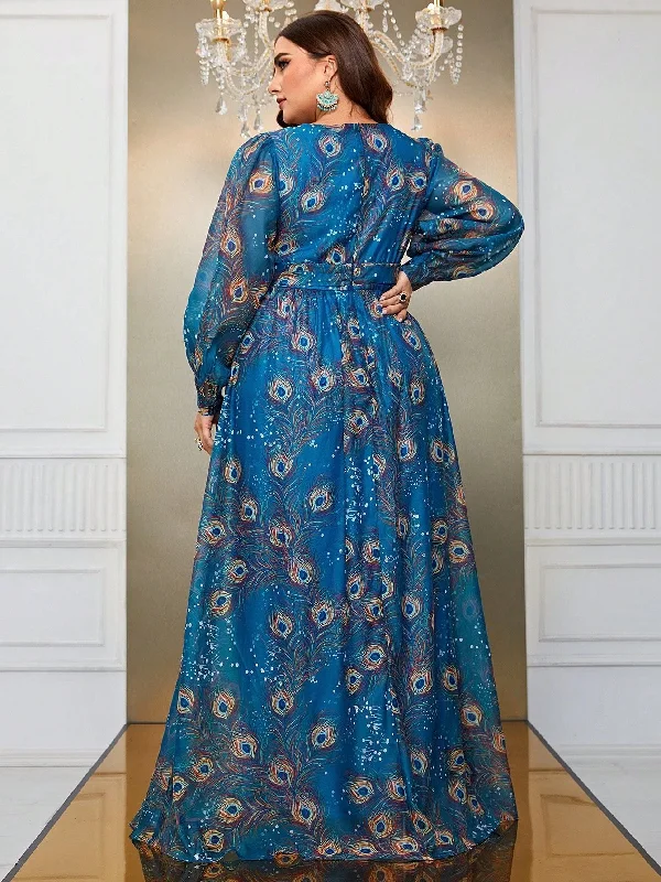 NiDELL Large Cross-Border Printed Long Dress Peacock Feather Printed Long Sleeve Vacation Style Long Dress-Fmg697