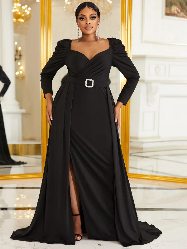 NiDELL Large Size Black Formal Dress Regular Sleeve Belt V-neck Slit Elegant Party Dress-Fps258