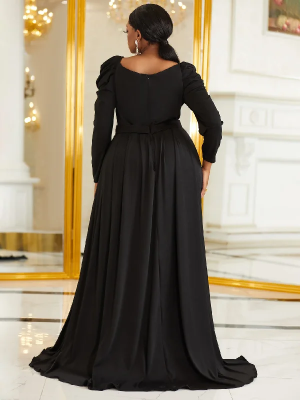 NiDELL Large Size Black Formal Dress Regular Sleeve Belt V-neck Slit Elegant Party Dress-Fps258