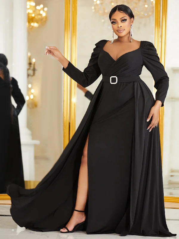 NiDELL Large Size Black Formal Dress Regular Sleeve Belt V-neck Slit Elegant Party Dress-Fps258