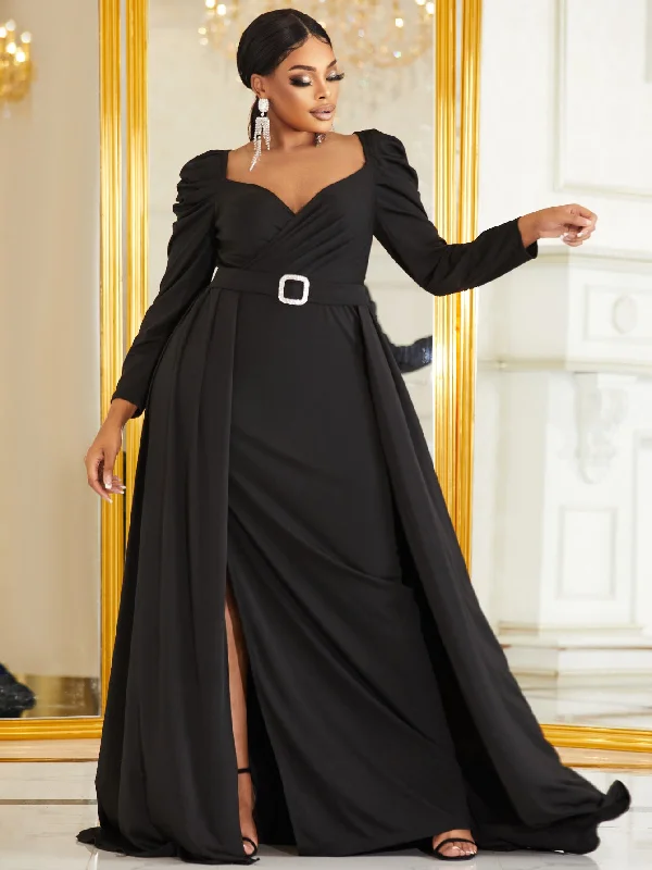 NiDELL Large Size Black Formal Dress Regular Sleeve Belt V-neck Slit Elegant Party Dress-Fps258