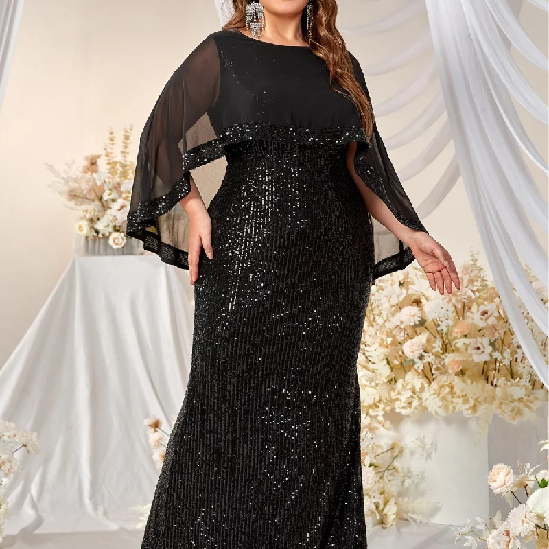 NiDELL Large Size New Shawl Evening Dress Elegant Sequined round Collar Gauze Shawl Fishtail Prom Evening Dress Fssn060