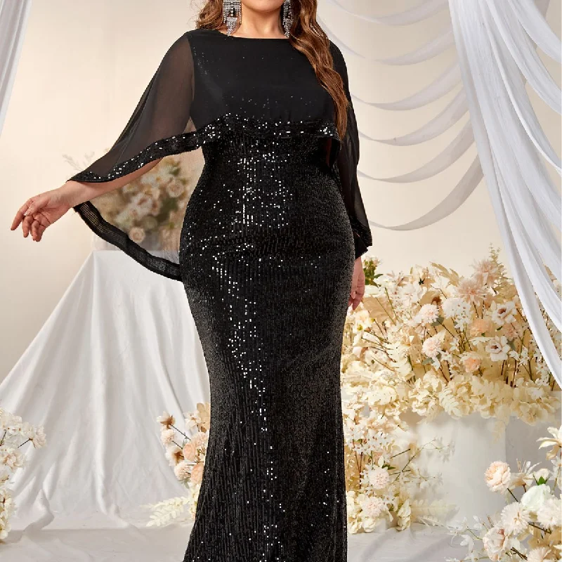 NiDELL Large Size New Shawl Evening Dress Elegant Sequined round Collar Gauze Shawl Fishtail Prom Evening Dress Fssn060