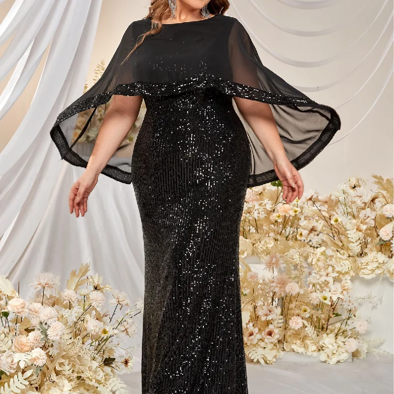 NiDELL Large Size New Shawl Evening Dress Elegant Sequined round Collar Gauze Shawl Fishtail Prom Evening Dress Fssn060