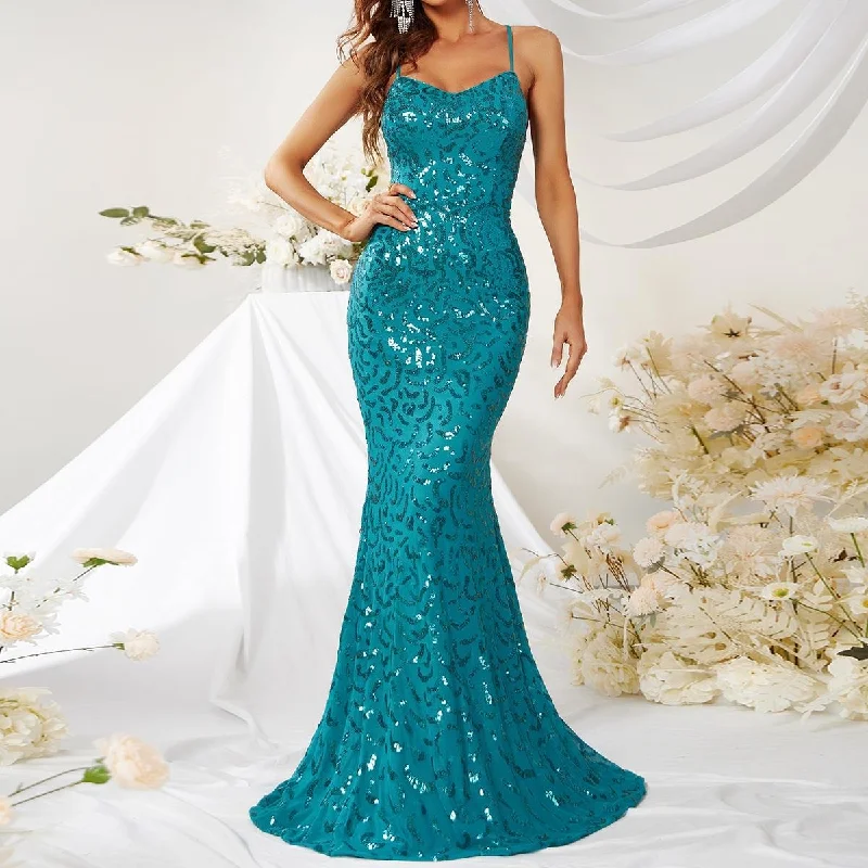 NiDELL New Arrival Sequin Camisole Gown Backless Prom Evening Dress Fishtail Sheath Dress-Mg242