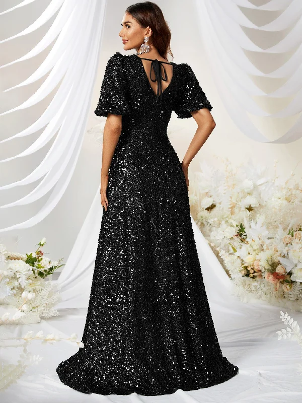 NiDELL New Black Evening Dress Elegant Sequined V-neck Short Sleeve Party Evening Dress Mop Dress-MGJ501-3