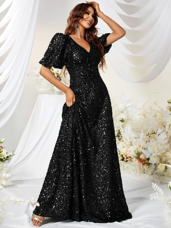 NiDELL New Black Evening Dress Elegant Sequined V-neck Short Sleeve Party Evening Dress Mop Dress-MGJ501-3