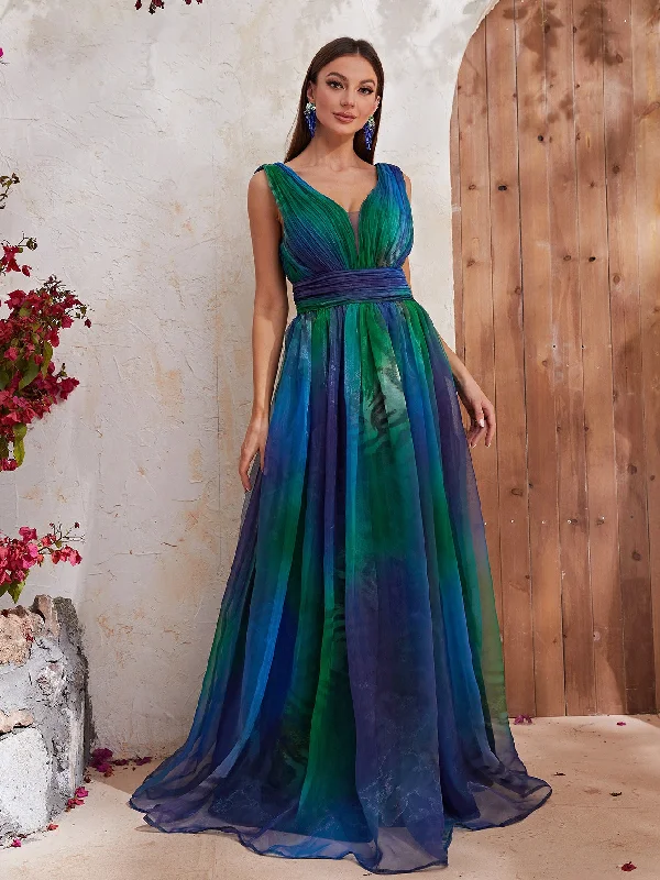 NiDELL New Cross-Border Dress Sleeveless V-neck Backless Vacation Style Peacock Blue Organza Dress-Ssl6131