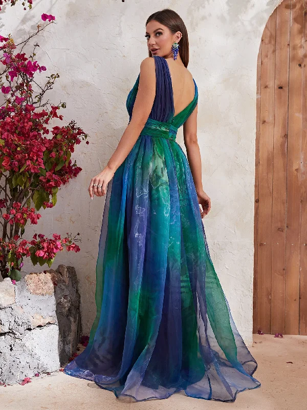 NiDELL New Cross-Border Dress Sleeveless V-neck Backless Vacation Style Peacock Blue Organza Dress-Ssl6131